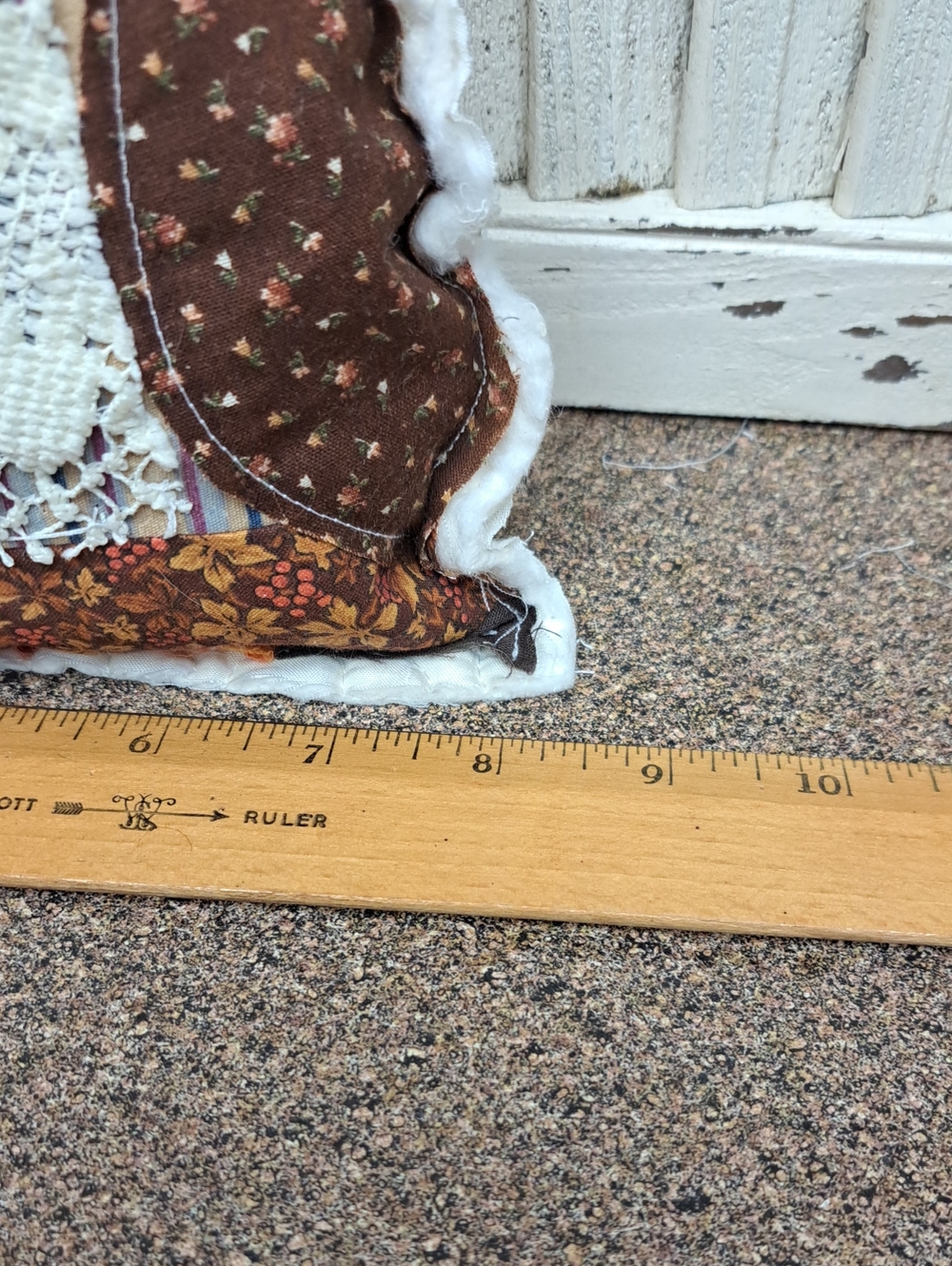 Handmade Patchwork Owl Pillow in Brown, Cream, Orange - Picture 3 of 4